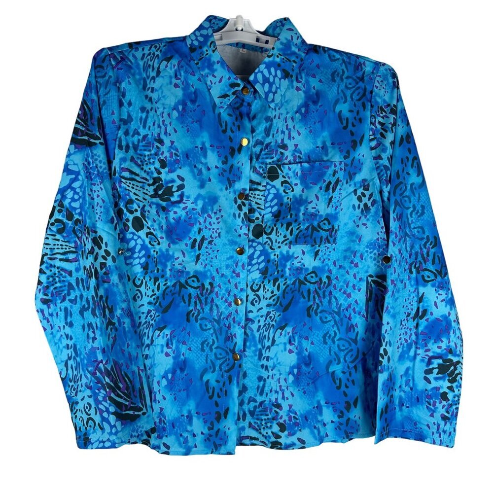 Womens Vintage Blue Abstract Long Sleeved Button-Up Shirt Size XL